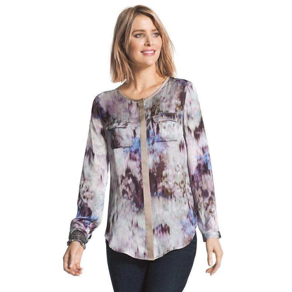 Chico's Winter Birdie Floral Button Down Blouse Top Size Large Petite‎